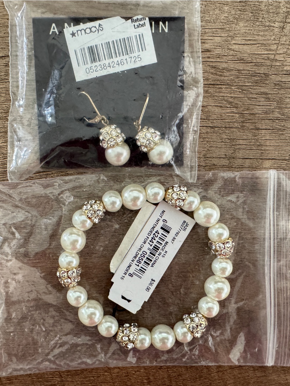 Anne Klein White Faux Pearl Bracelet and Earrings Set Gold-Tone Crystal Accents